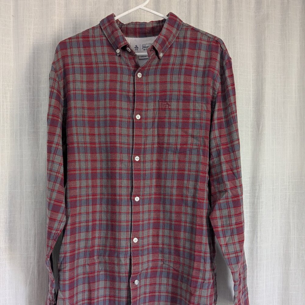 Penguin by Munsingwear Flannel Button Down Red/Gray Shirt Size Large
